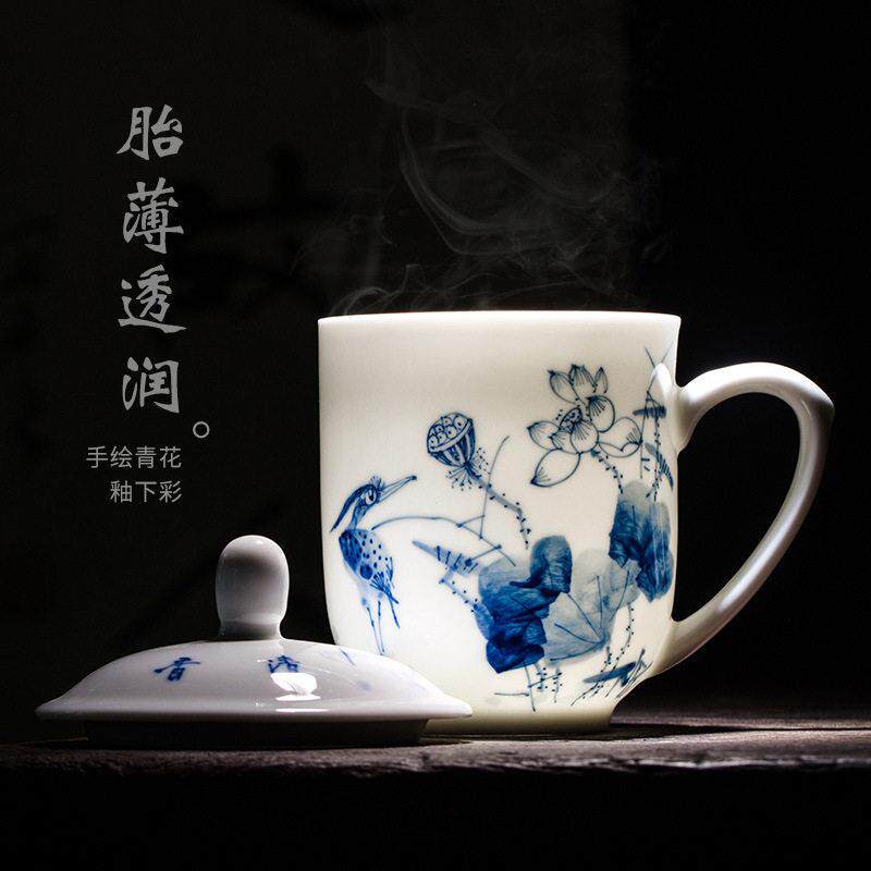景德镇手绘青花瓷茶杯家用办公高档手工陶瓷水杯高颜值艺术风杯子