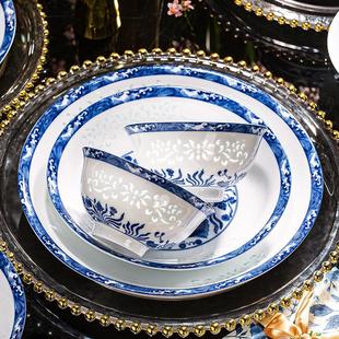 景德镇高档釉下彩碗碟套装 碗盘餐具轻奢送礼 家用青花瓷玲珑瓷中式