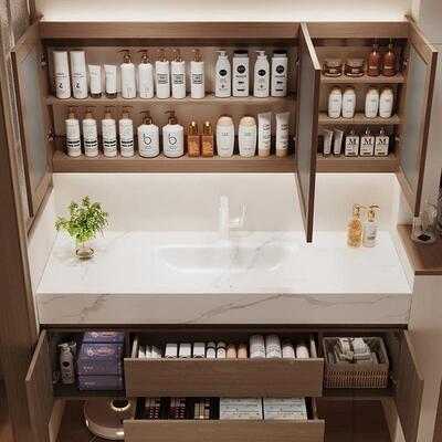 浴奢风岩板热弯体一盆实木室柜组合卫生间智能洗手脸盆轻90722洗