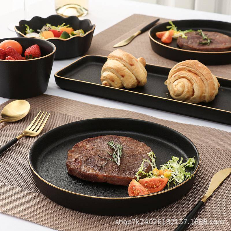 黑色牛排盘套装蘸料碟沙拉碗意面碗陶瓷家用聚餐年夜饭西餐餐盘