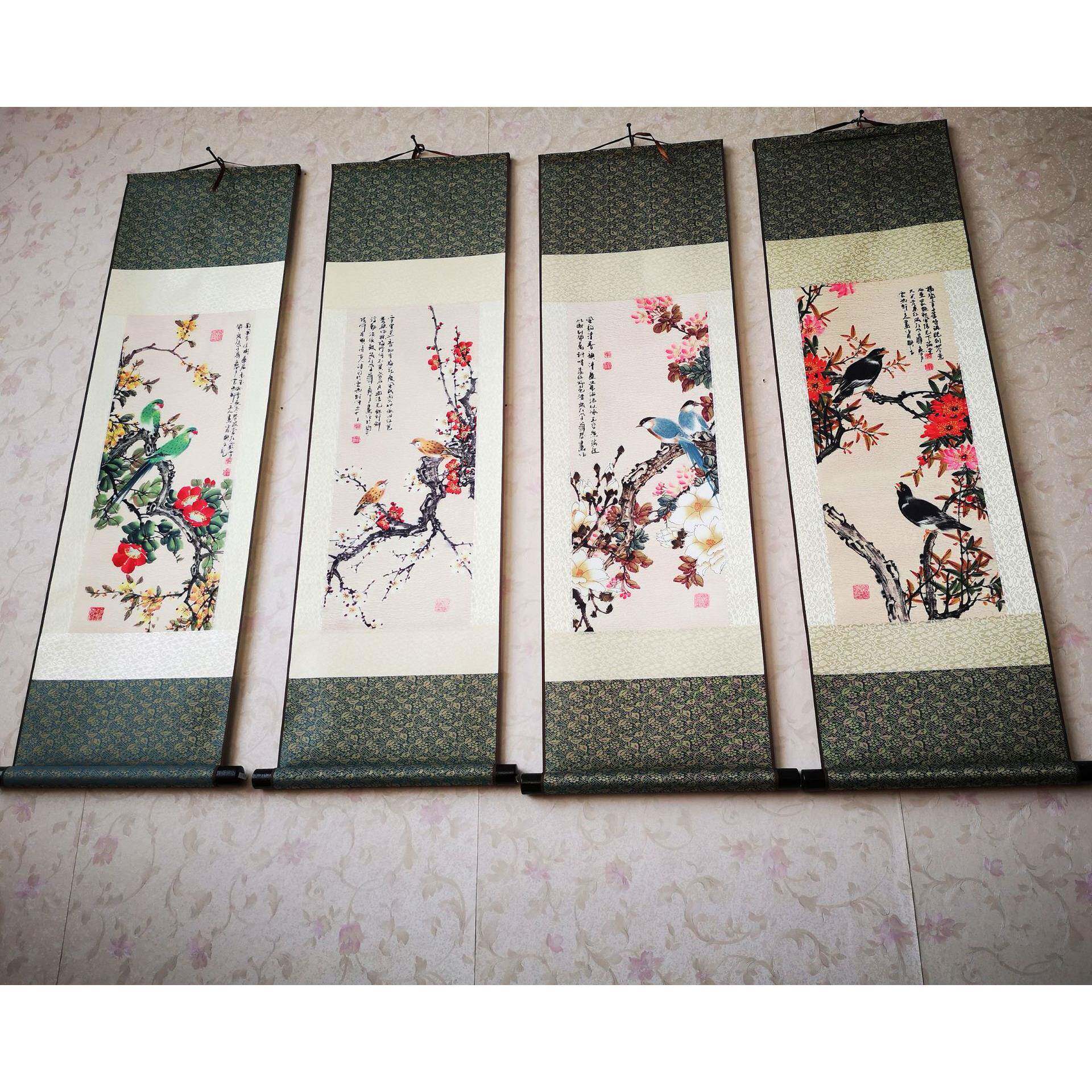 工笔花鸟四条屏装工饰画挂轴画国画艺画画丝绸画卷画T15挂制作