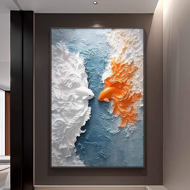 锦鲤立轻奢入客户玄关装饰画年年雕有鱼浮体感厅挂画QVD酒店海浪