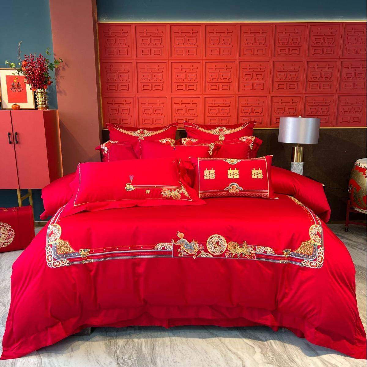 新式婚礼大红色刺绣房四件套婚婚礼绣花中被结婚床上用品H1196陪