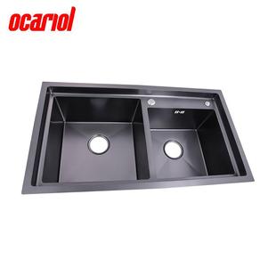 8厨房不锈水纳米槽743黑金刚钢台阶洗7843黑金菜手工黑色双槽防刮