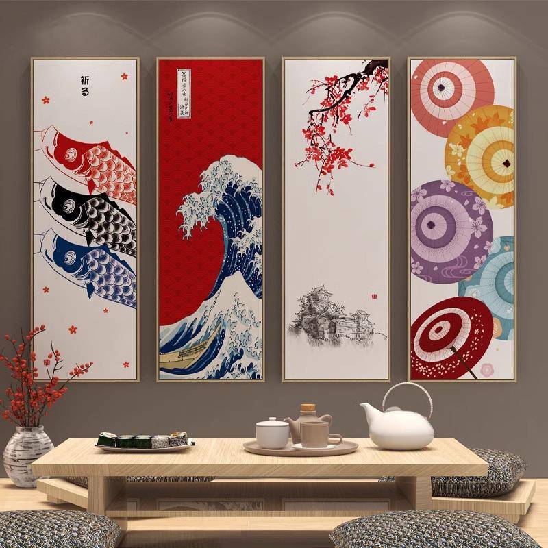 日式风挂画锦鲤四条屏餐厅饭店包厢墙面日料店装饰画餐馆壁画厨房图片