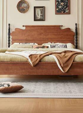 法式古风实奢.木床18米双人主卧床美式轻胡桃色简WIQ约中复古风婚