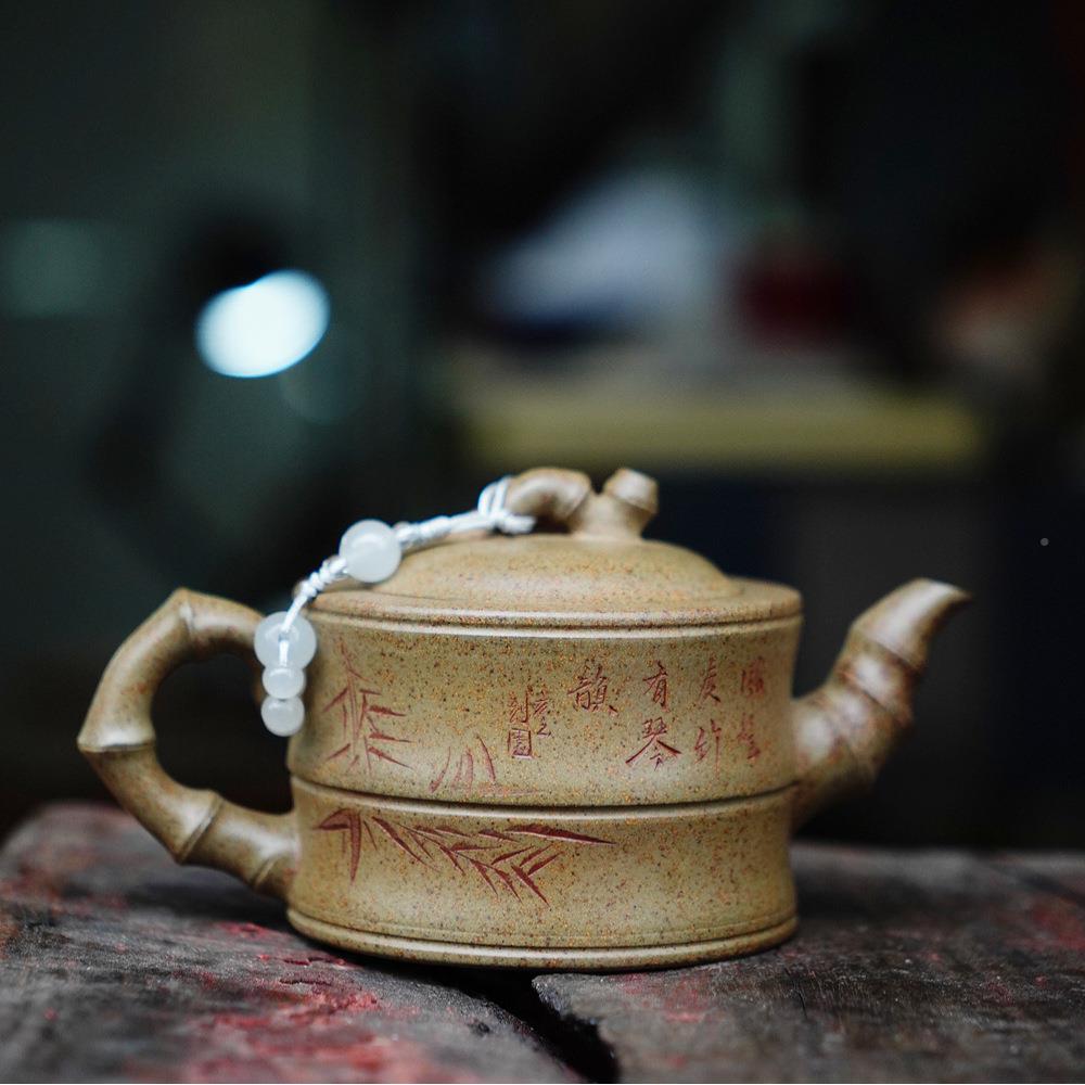 一品段壶宜兴紫砂壶紫砂壶原矿沉香泥纯手贴竹叶工茶紫砂竹泡壶茶