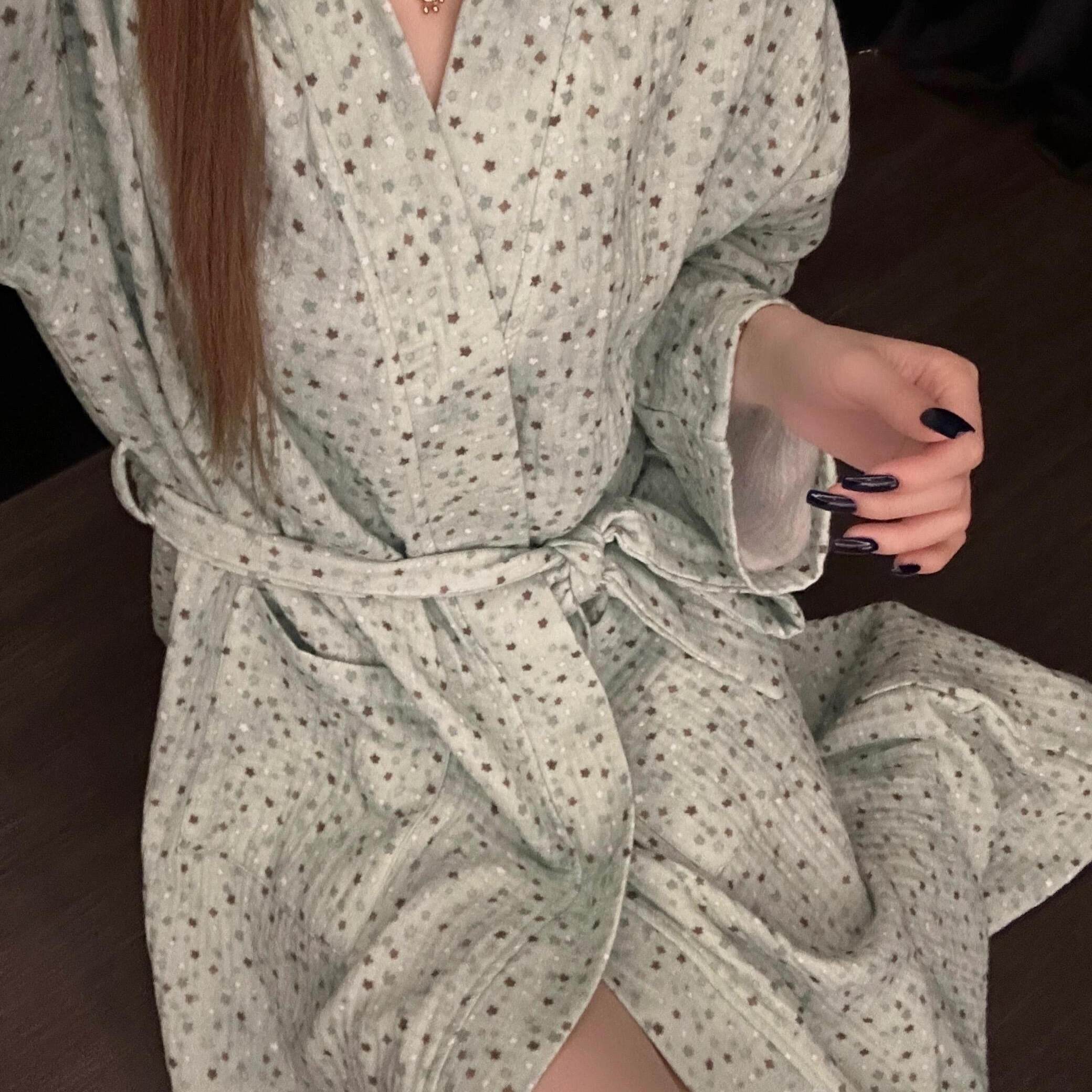 高级感星星棉纱睡衣睡袍女款夏季大尺码慵懒风休闲居家服晨袍可外