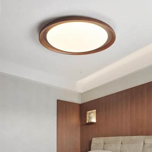 全光谱LED吸顶灯中古风圆形卧室书房间灯胡桃木纹色中式餐厅灯具