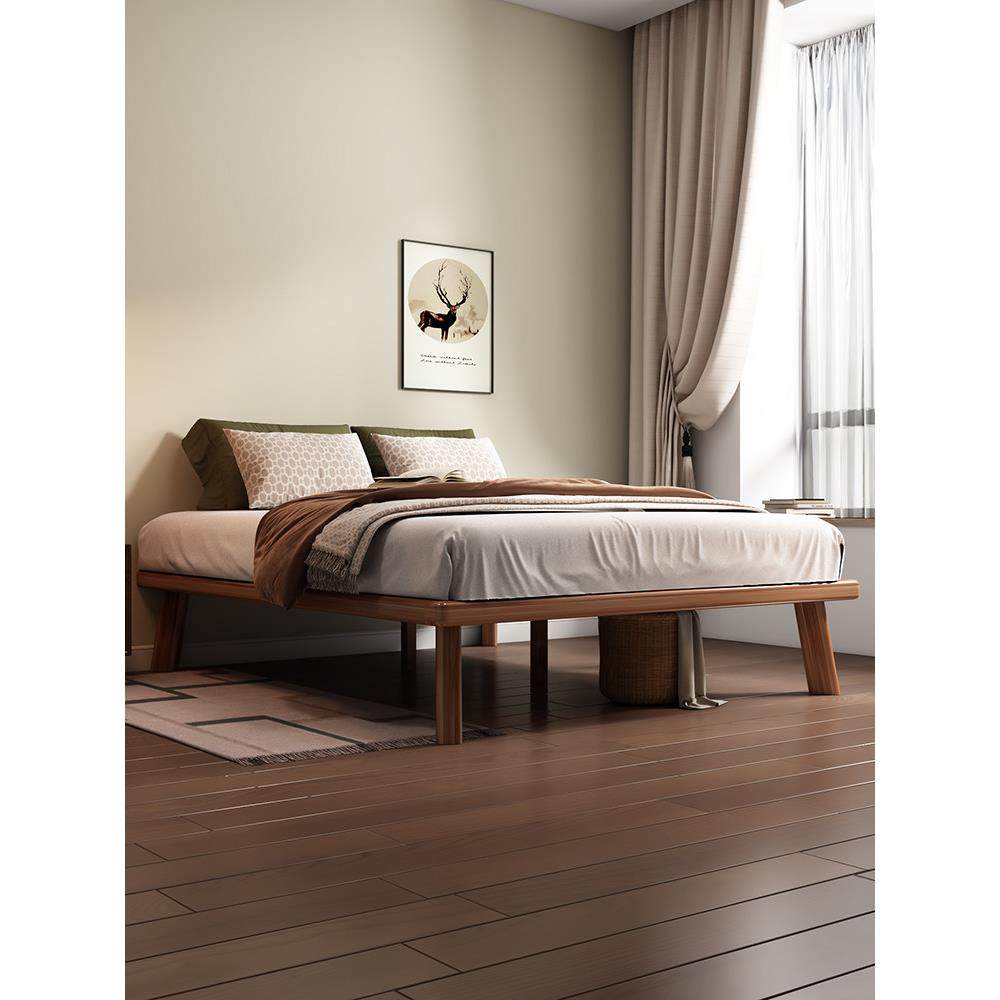 榻榻米实木床全榉木无床头床悬浮床现代简约平板床卧室大床胡桃色