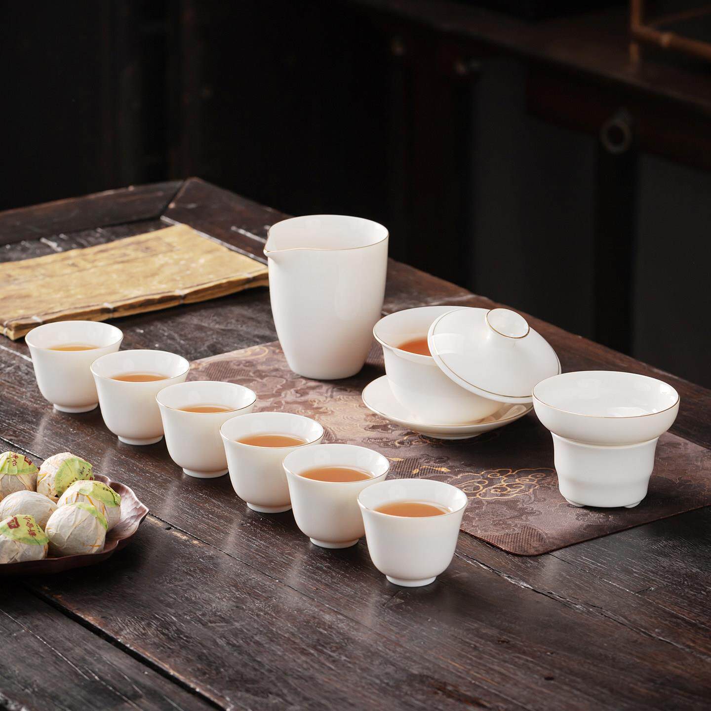 羊脂玉白瓷功夫茶具套装陶瓷盖碗茶杯办公室家用礼盒装便携露营