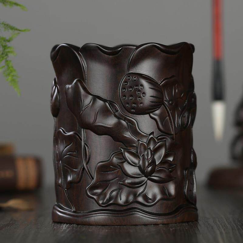雅轩斋红木笔筒工艺品摆件木雕刻实木紫檀红酸枝黑檀木质荷花笔筒
