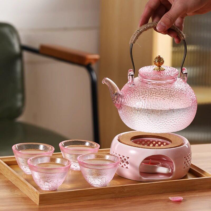 粉色玻璃茶壶加厚耐高温锤纹壶大号下午茶养生壶女生花茶套装茶具