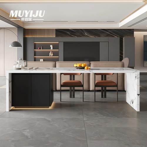 齐平岩板岛台餐桌一体家用厨房中导台客厅意式轻奢高端定制吧台桌