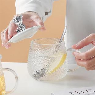 小熊马克玻璃水杯冰川家用耐热玻璃锤纹手把杯ins礼品杯logo爆款