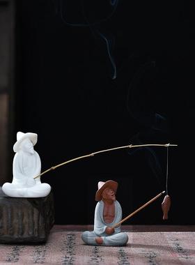 姜太公钓鱼小摆件鱼缸造景老头渔翁中式人物陶瓷雕塑微景观装饰品