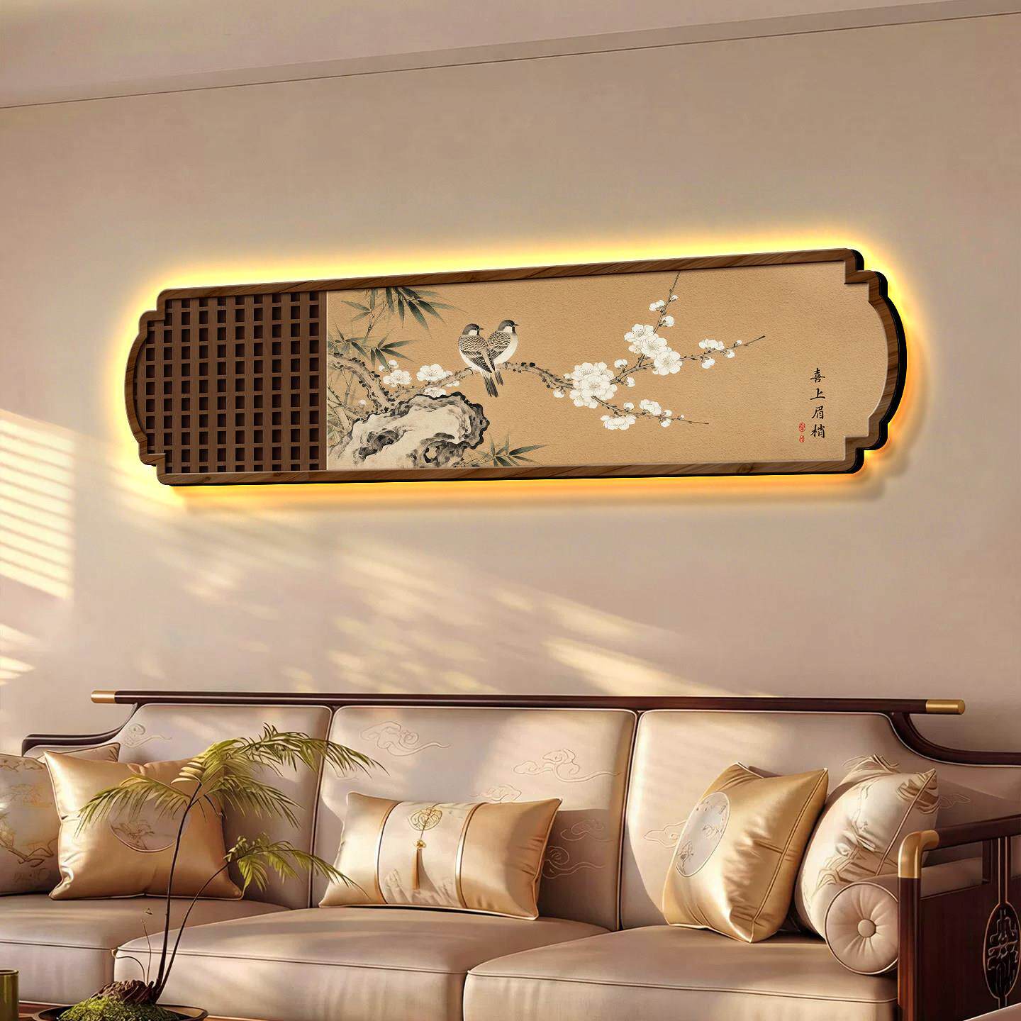 喜上眉梢沙发背景墙装饰画宋代美学客厅墙面氛围发光画花鸟图壁画