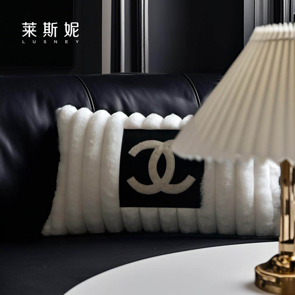 现代简约轻奢高级感黑白毛绒马毛皮革抱枕沙发客厅小香风靠背垫套