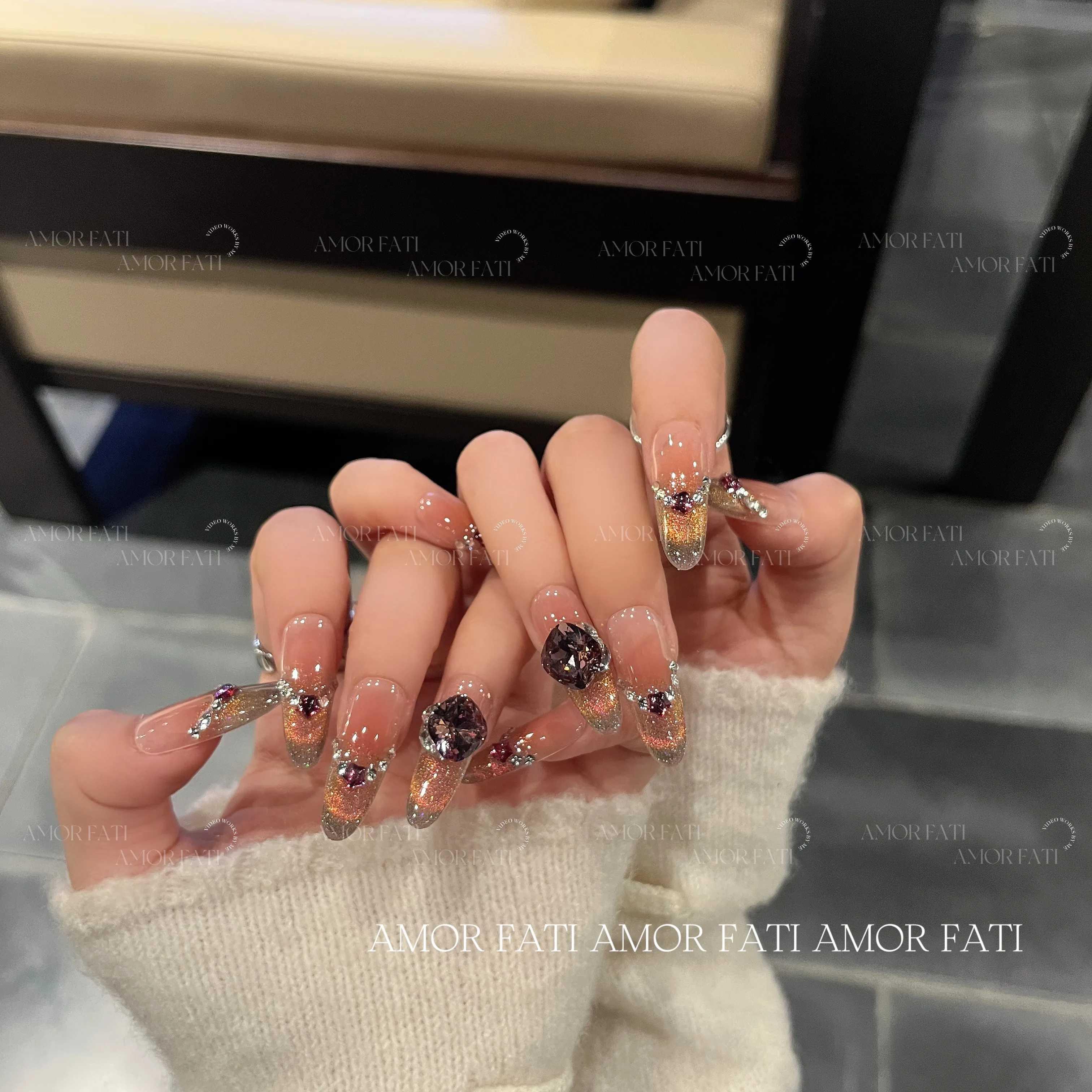 【玫瑰泪】覆古风璀璨爆闪粉金微笑猫眼精品K9钻中长款手工穿戴甲