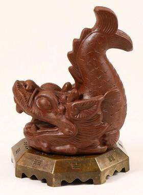 优质紫砂螭吻摆件陶瓷鸱吻吸火吞火避火龙铜底座干位西北方厨房用