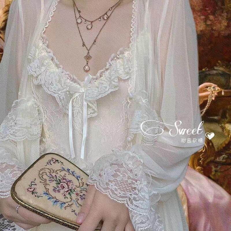 法式覆古宫廷风超薄秋冬睡裙两件套晨袍长袖超仙爆款大码睡衣家居