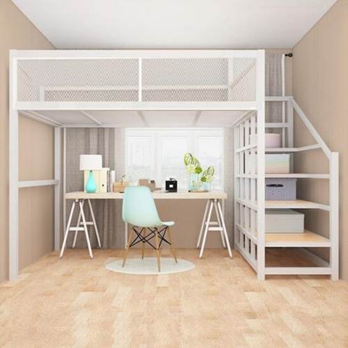 铁艺双人上层下空简约现代省小空间高架双层上床下桌覆式二楼床