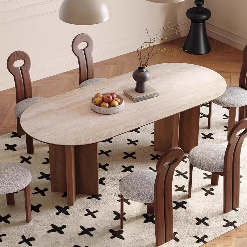 中古风洞石岩板餐桌家用餐厅小户型椭圆形实木餐桌椅组合吃饭桌子