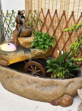 新中式户外假山流水喷泉庭院花园阳台景观水车轮招财鱼池造景摆件