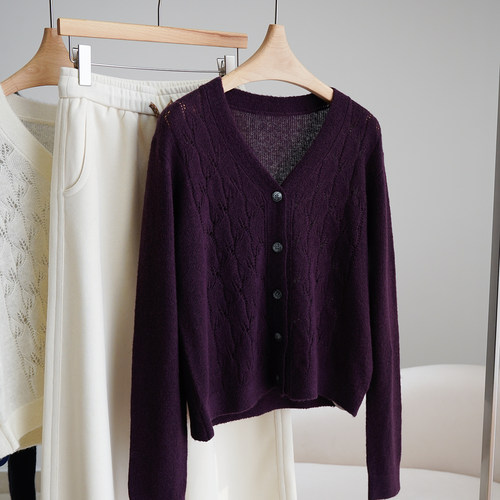 《丽丽姐专享》羊绒羊毛V领钩花针织开衫女NYZU084