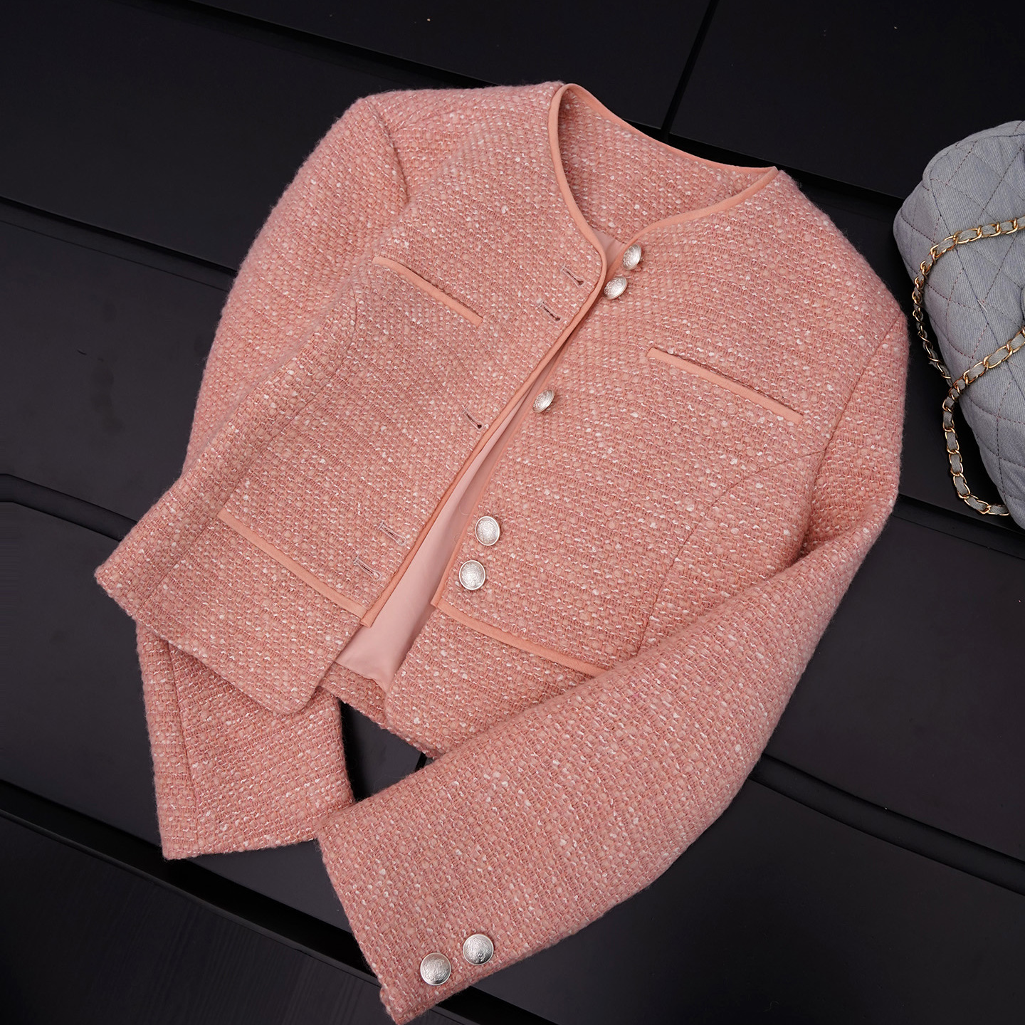 小黑妞专享 羊毛编织粗花呢撞色滚边外套QYJM075X