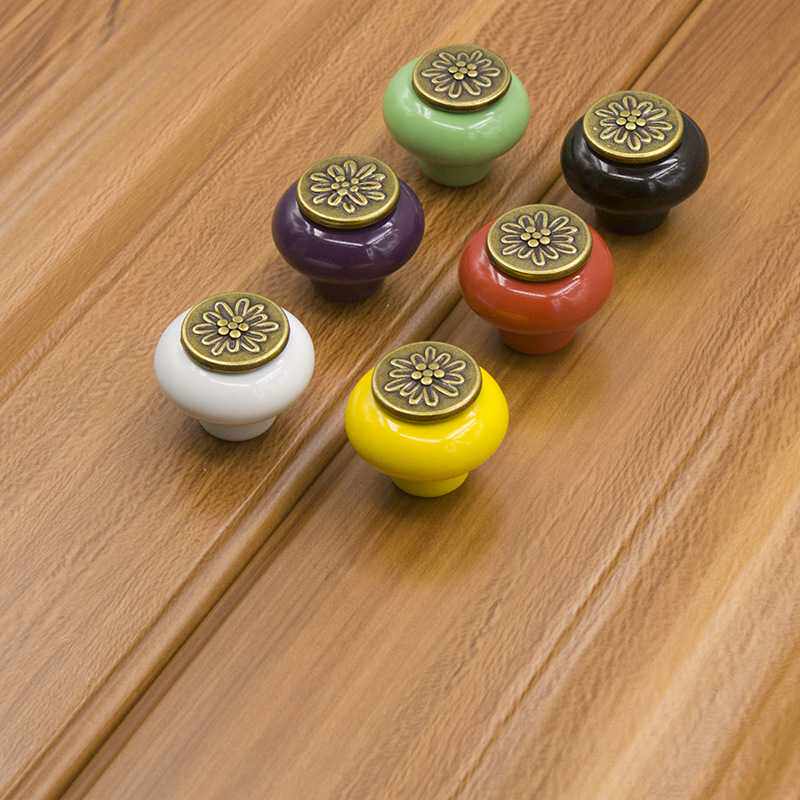 抽屉拉手陶瓷锌合金橱柜衣柜鞋柜门欧式仿古铜黑白色单孔圆形把手