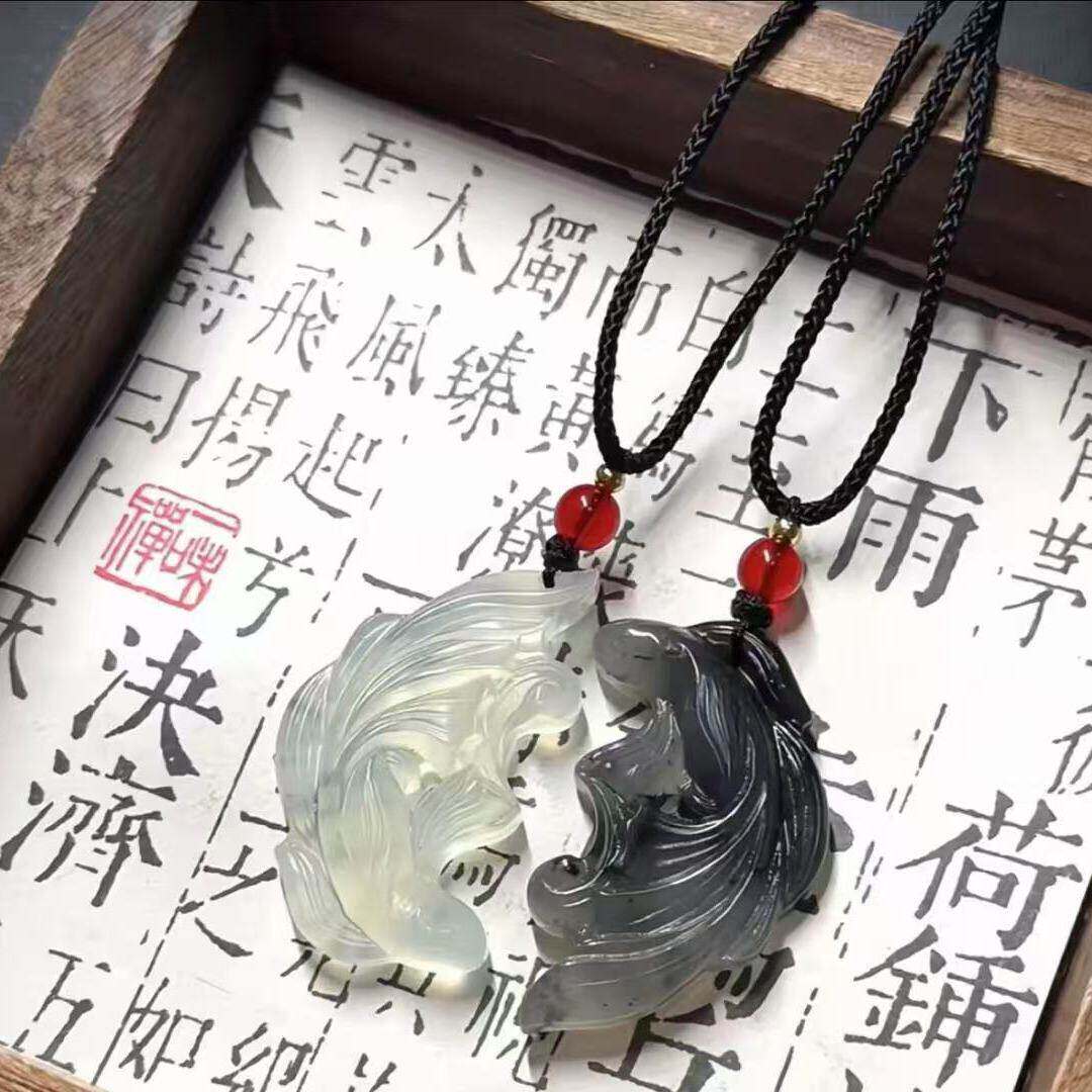 玉佩一人一半新中式鱼化龙渐变色平安古风水墨双鱼吊坠项链男女