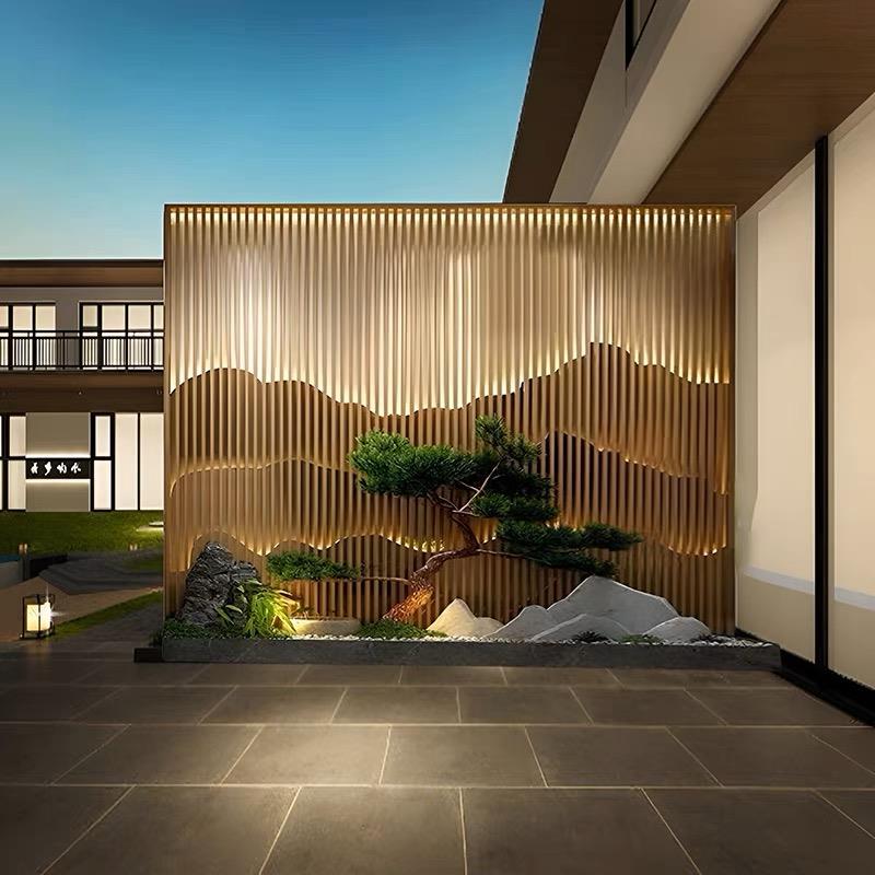 不锈钢屏风隔断金属户外假山背景墙新中式庭院玄关山水影壁墙定制