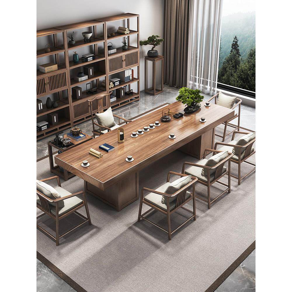 新中式实木茶桌办公茶台茶盘一体款泡茶桌功夫原木大板茶桌椅组合