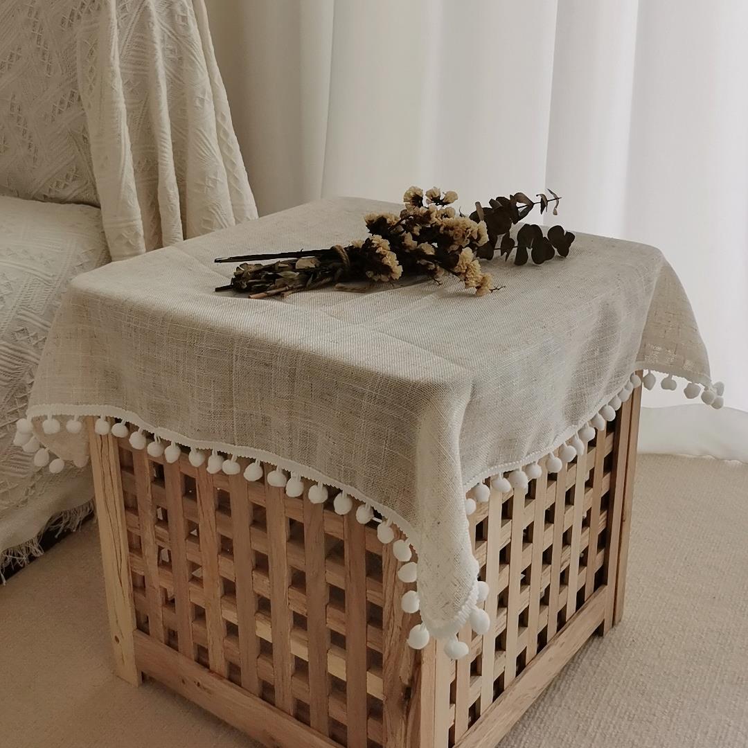 拾光棉麻桌布日式亚麻纯色毛球花边装饰拍摄背景布北欧原木乡村风