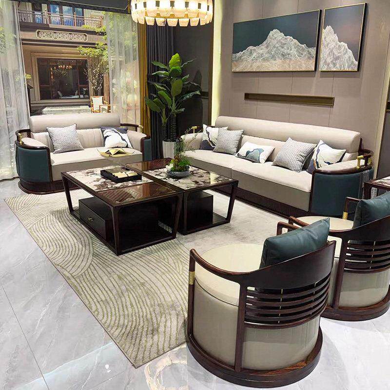 新中式实木沙发组合别墅简约轻奢大小户型客厅乌金木真皮沙发定制