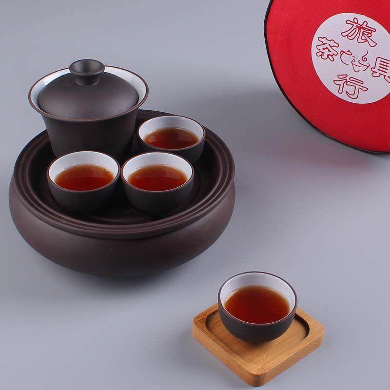潮汕功夫茶具茶盘老紫砂传统套装外出差朱泥小泡球旅行盖碗便携带