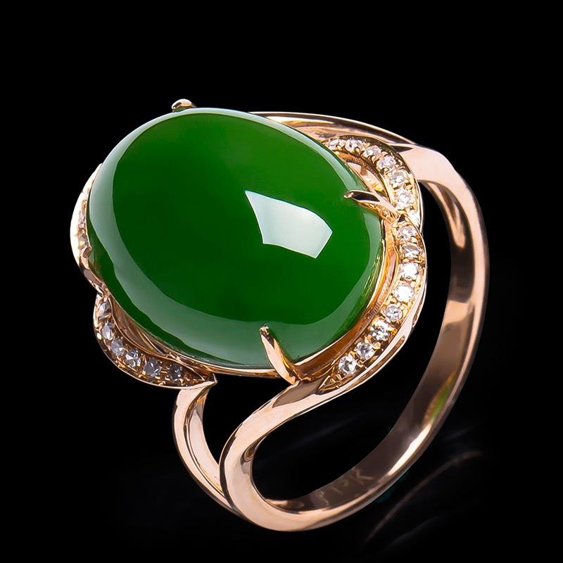 新疆天然和田玉3D硬金配钻石镶嵌菠菜绿戒指女玉石碧玉色指环正品