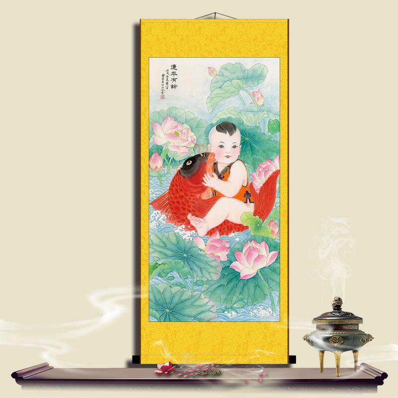 新中式连年有余国画童子抱鱼年画客厅竖版宣纸挂画玄关装饰卷轴画
