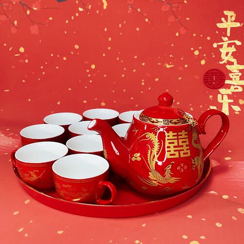 结婚茶具敬茶杯套装陶瓷红色喜杯改口杯子喜壶陪嫁送新人家用喜庆