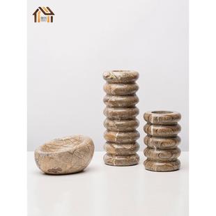 新中式大理石直筒花瓶摆件样板间黄洞石花器客厅玄关售楼部装饰品