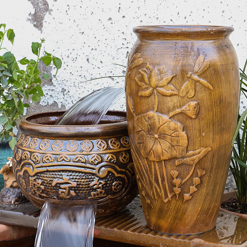 陶罐鱼缸过滤器鱼池全套生态流水瀑布摆件古法陶瓷循环水养鱼造景