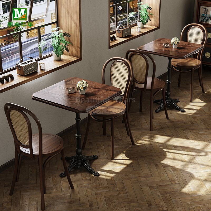 咖啡店桌椅组合美式复古法式西餐厅网红甜品奶茶店商用实木小圆桌