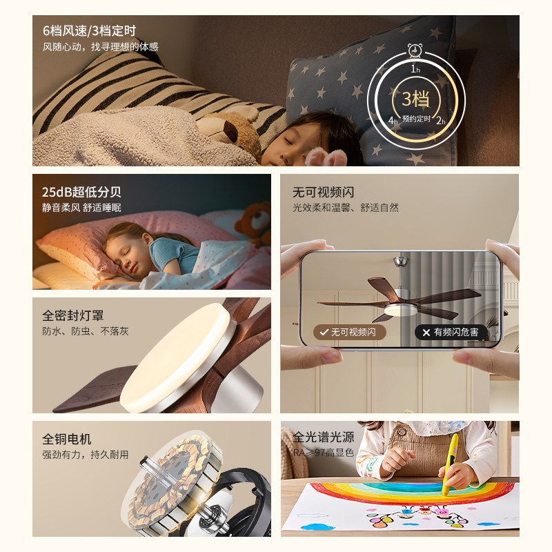 复古中古风扇灯新中式胡桃木色家用变频静音电扇餐厅吊灯中山灯具