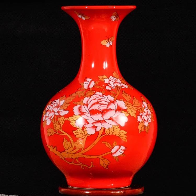 景德镇陶瓷小花瓶中国红色摆件客厅插花结婚喜庆家居新中式工艺品
