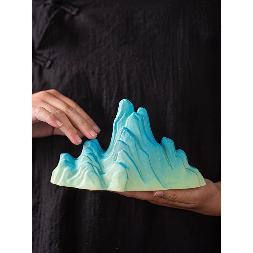 新中式鱼缸雪山造景石头微景观只此青绿陶瓷假山沙盘摆件千里江山