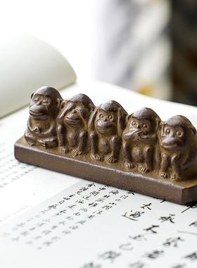 日本进口南部铁器生肖猴年铸铁书房摆件马场忠宽文镇书镇纸五不猴