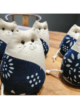 南通特产手工蓝麒麟蓝印花布blue calico 手绘日式招财猫玩具摆件