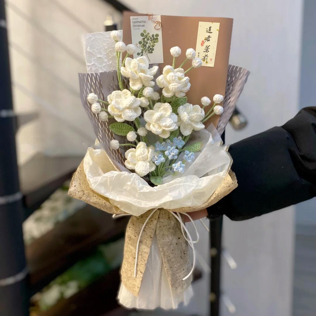 成品手工编织毛线花束仿真茉莉大飞燕花束居家插花送男女朋友节日