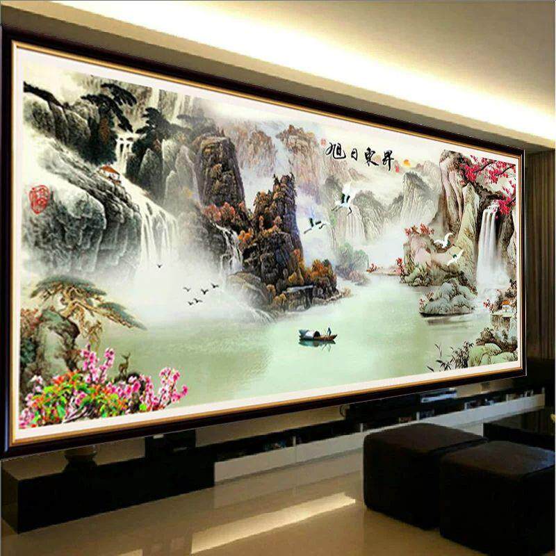 纯手工十字绣成品旭日东升财源版风景山水画财源滚滚新款客厅挂画